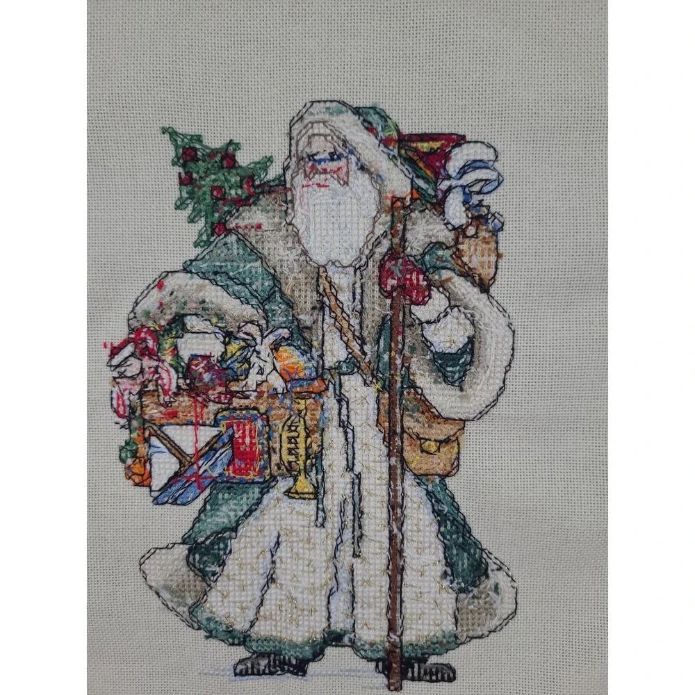 Handmade Finished Cross Stitch Old World Santa Claus Christmas Decor 18x14.5